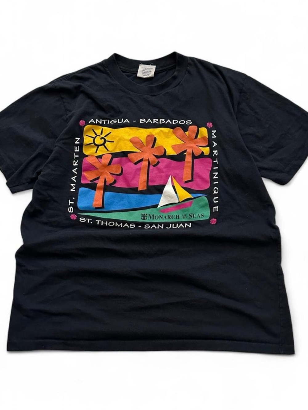 Vintage 1990s Antigua Barbados Cruise Black Graphic Tee - Tropical Palm Print 3X